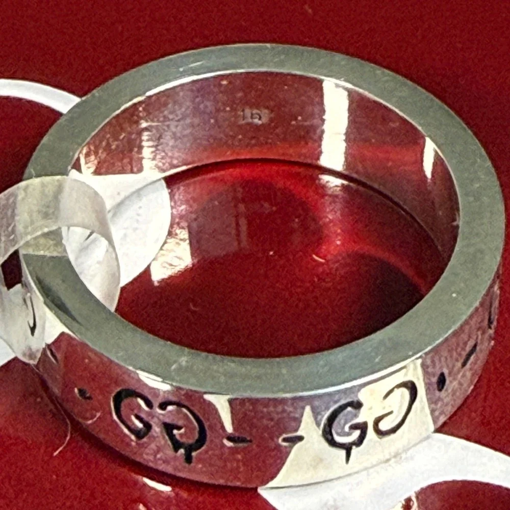 Gucci Ghost Ring Sterling Silver 6mm GG Skull Graffiti Band 477339 Size 16 IT
